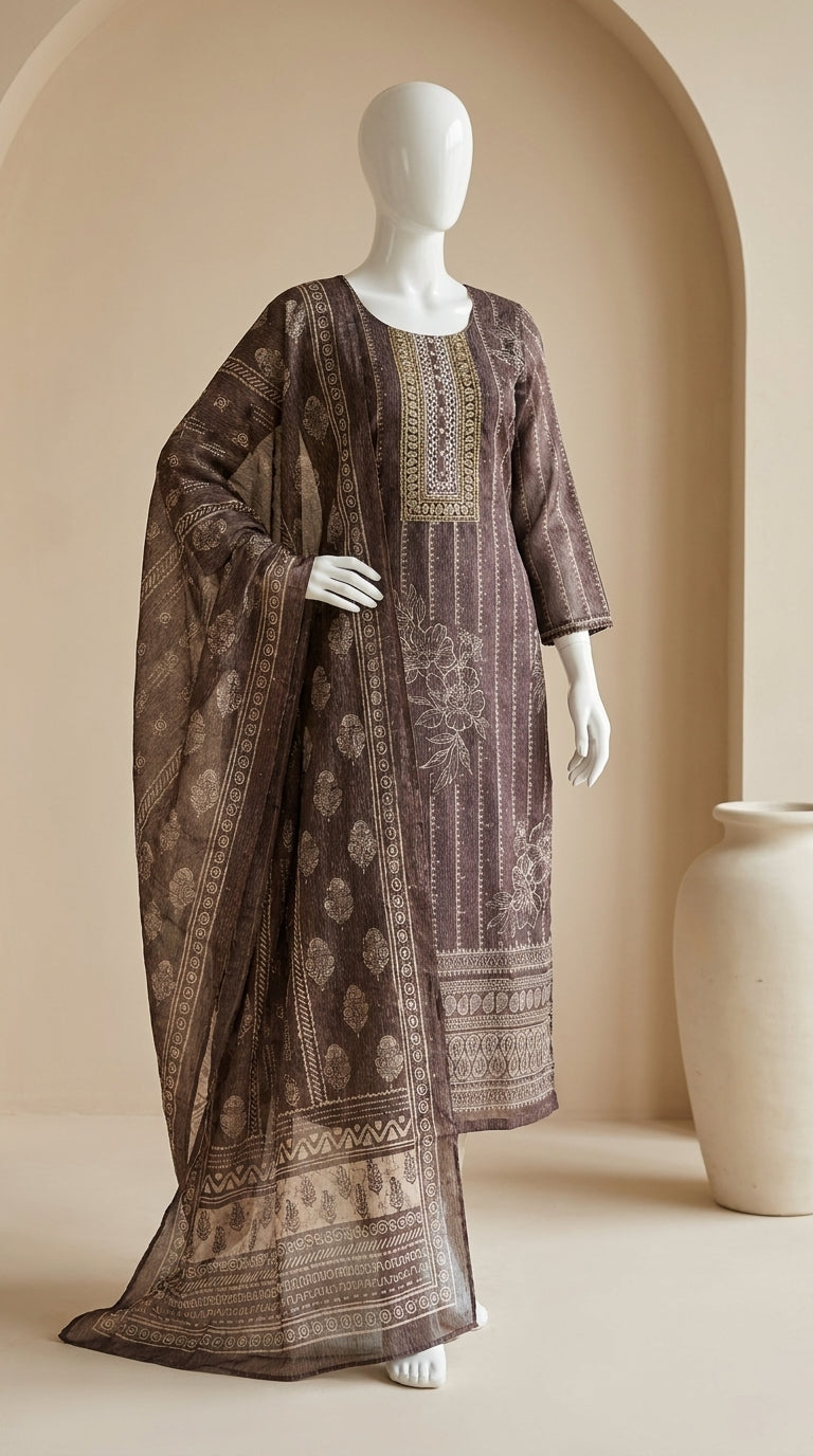 Mocha brown soft georgette kurti set with block print, floral detailing, embroidered yoke and matching printed dupatta — — view 5