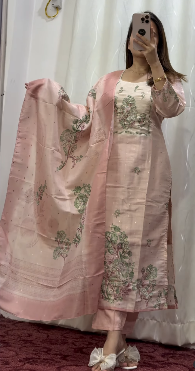 Blush pink Chanderi silk kurti set with sage green floral block print and matching sequin-dotted dupatta with zari border — — view 6