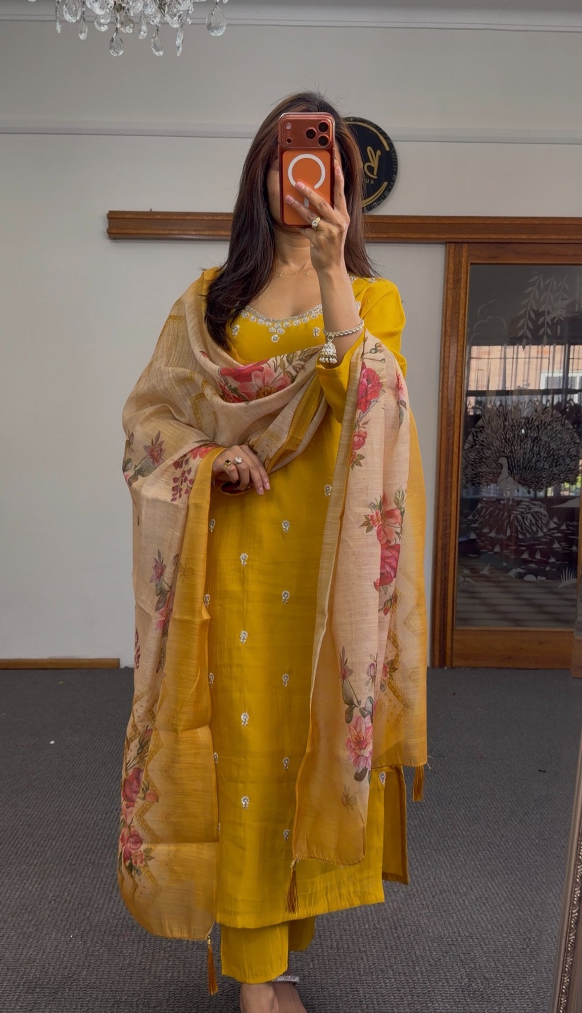 Mustard raw silk kurti set with zari resham butti embroidery and ivory floral print dupatta — Behuli Australia — view 5