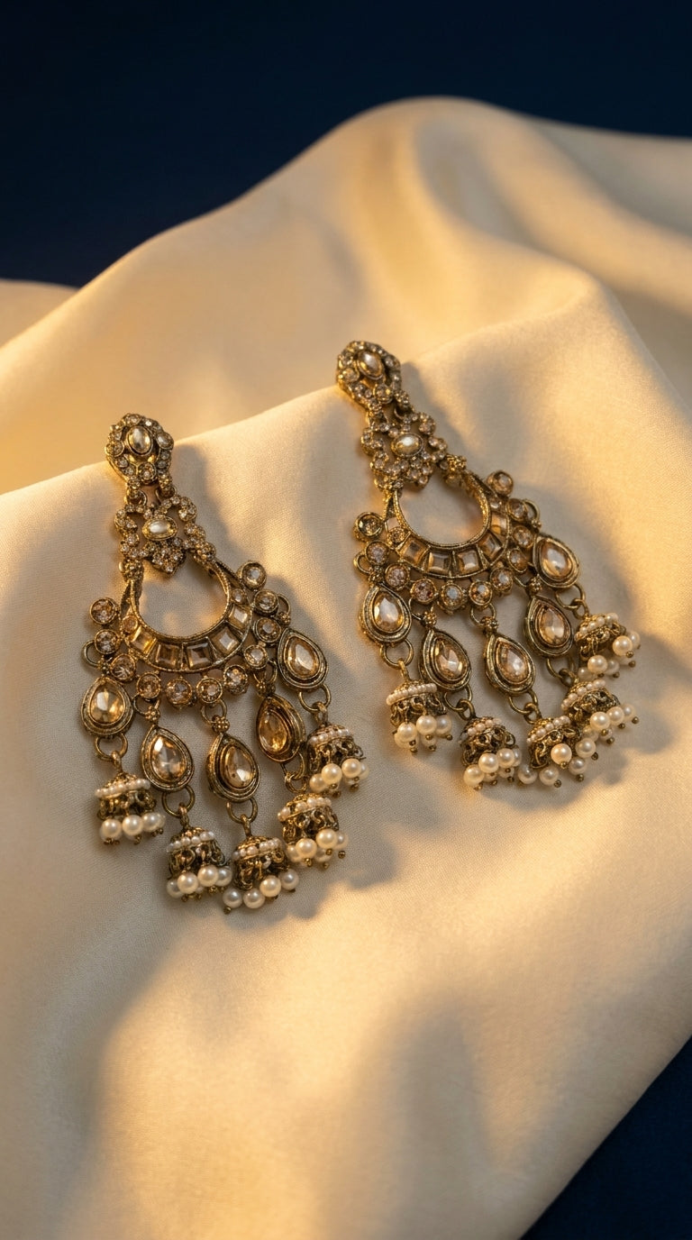 Antique gold chandbali jhumka earrings with champagne polki stones and cascading ivory pearl drops — Behuli Australia — view 2