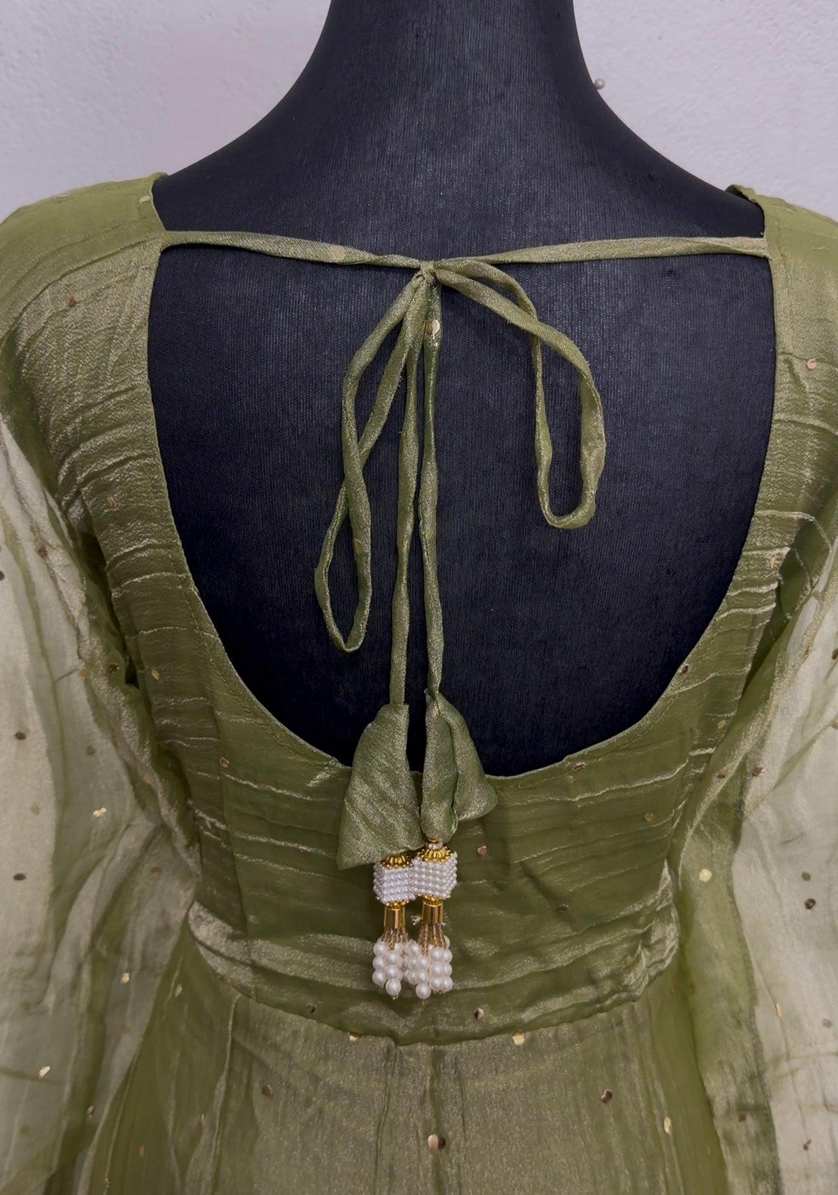 Olive Green Salsa Fabric Anarkali Set with Pearl Dupatta