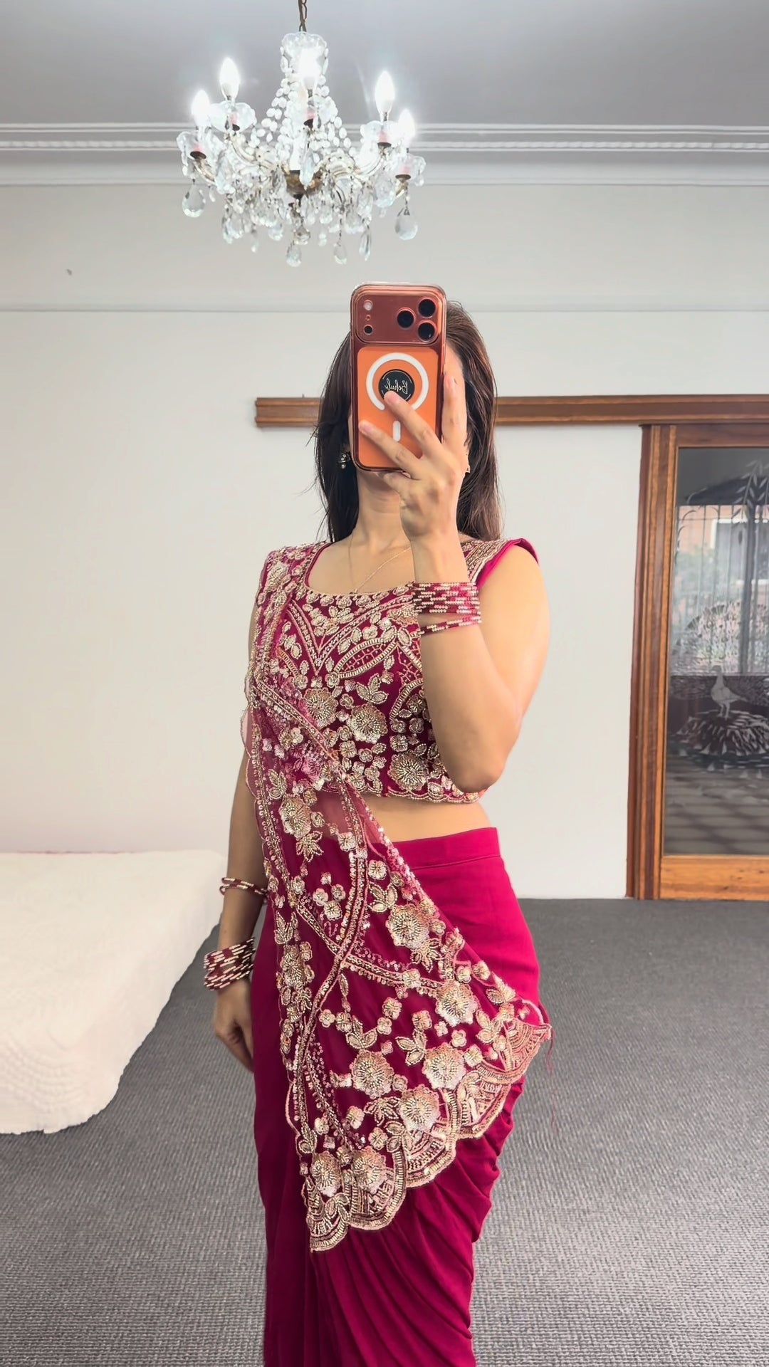 Maroon Embroidered Saree with Gold Zari Detailing