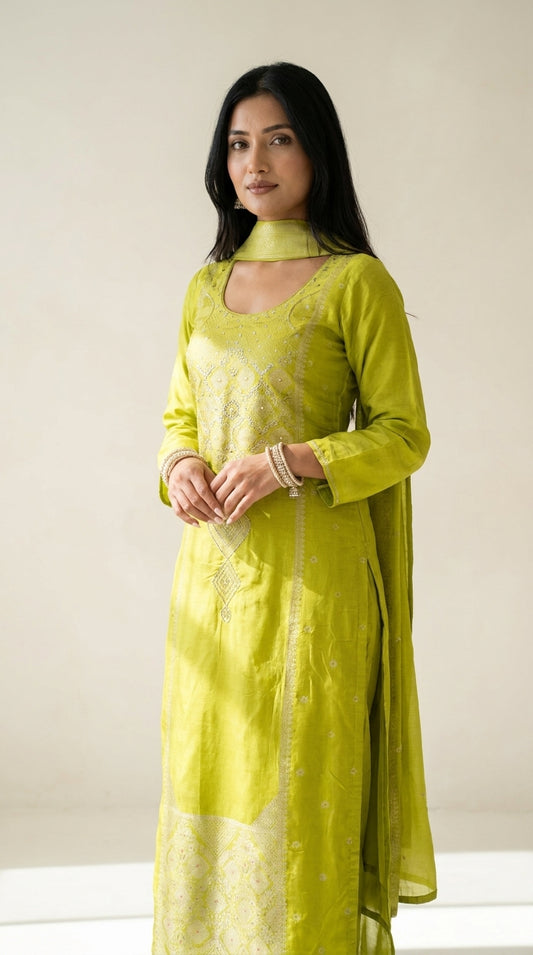 Lime Green Zari Dola Silk Kurti Set