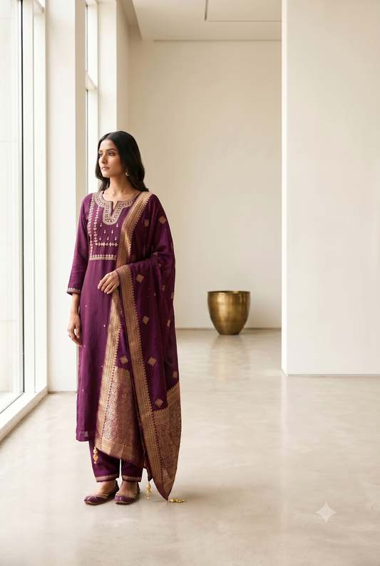 Purple Banarasi Kurti Set with Gold Embroidery