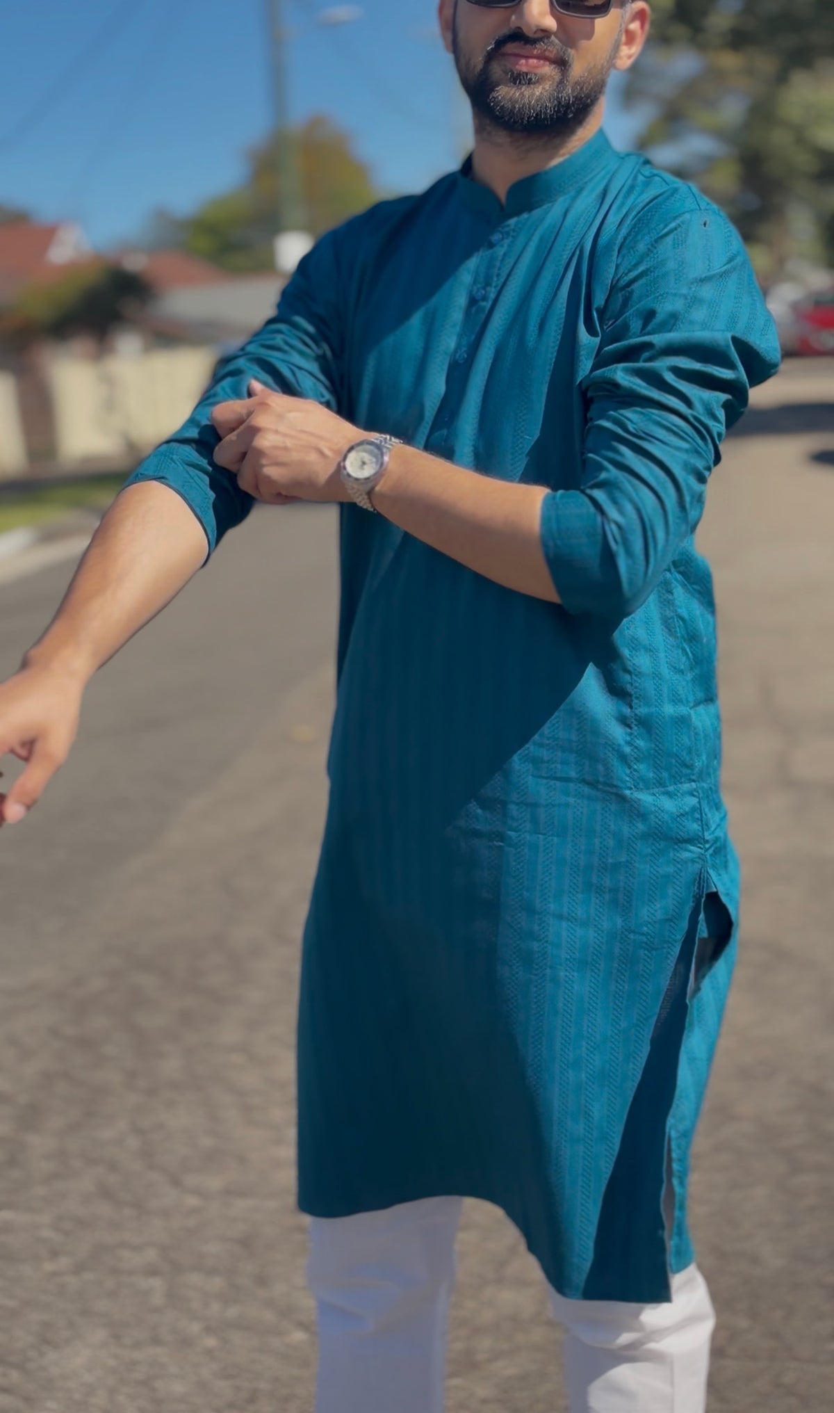 Teal Self-striped Cotton Men's Kurti