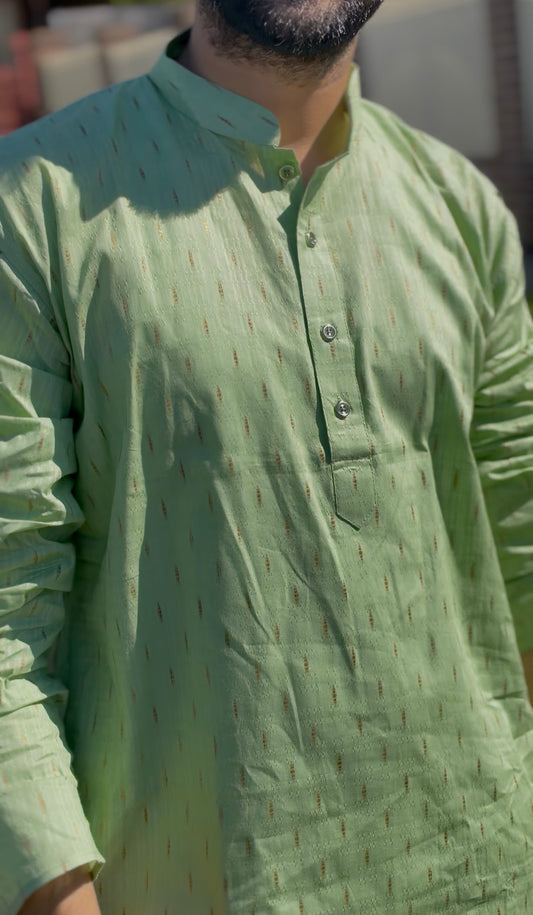 Green Woven Cotton Men's Kurti