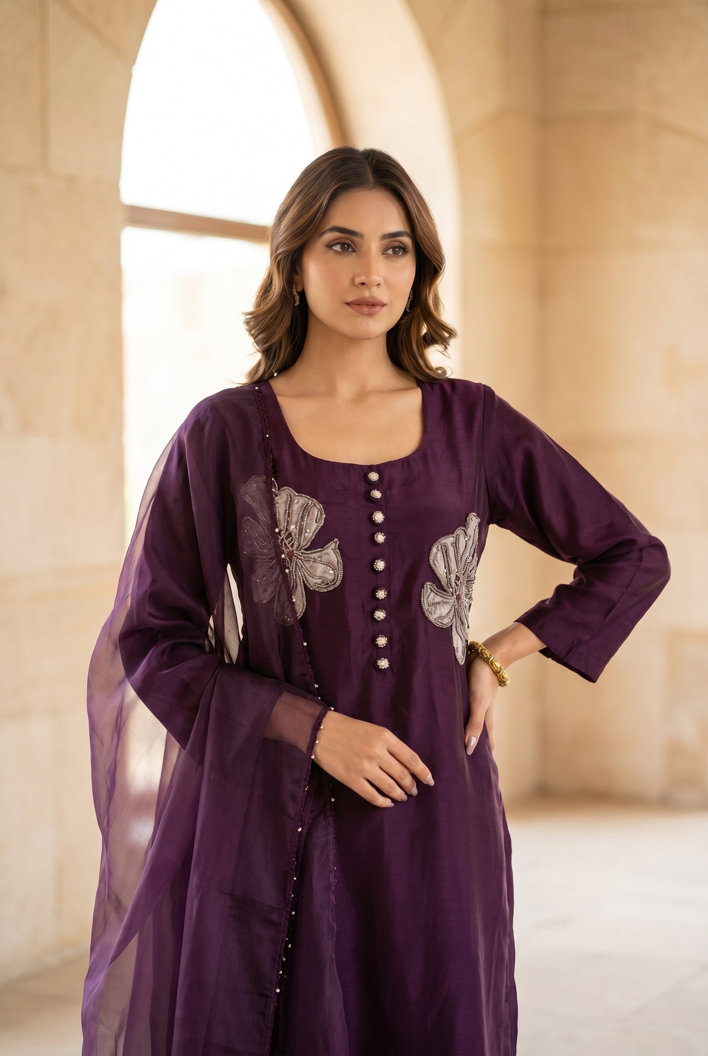 Purple Floral Embroidered Kurti Set with Dupatta