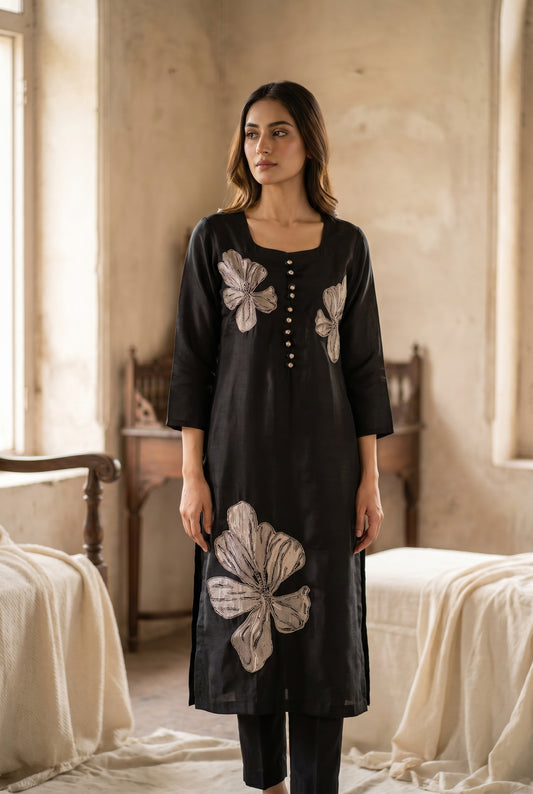 Black Floral Embroidered Kurti Set with Printed Dupatta
