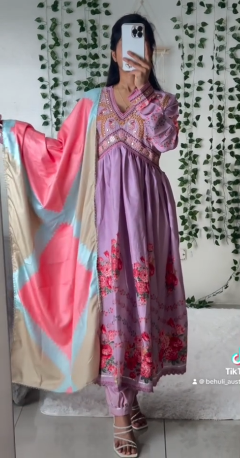 Lavender Anarkali with Floral Embroidery & Multicolour Dupatta