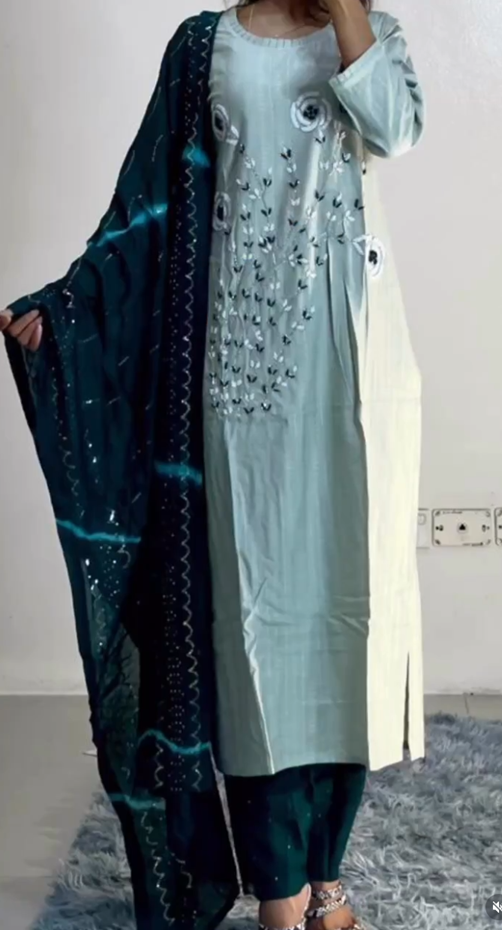 Mint Green Embroidered Kurti Set with Teal Velvet Dupatta