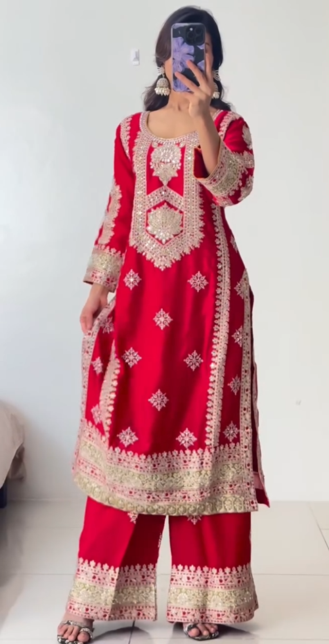Red Chinon Silk heavy kurthi Set with Gold Zari Embroidery