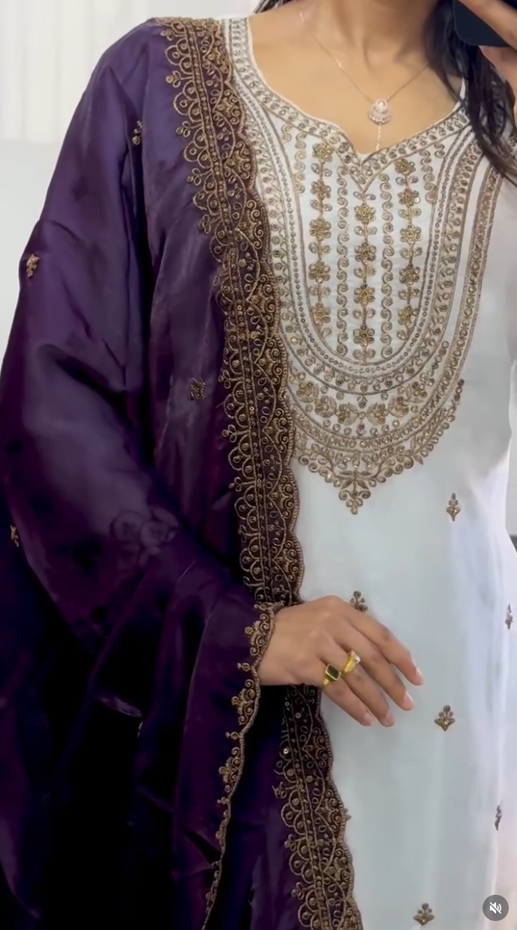 Ivory & Purple Palazzo Suit Set with Gold Embroidery