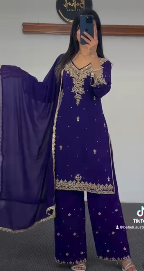 Purple Georgette Kurti Set with Gold Embroidery