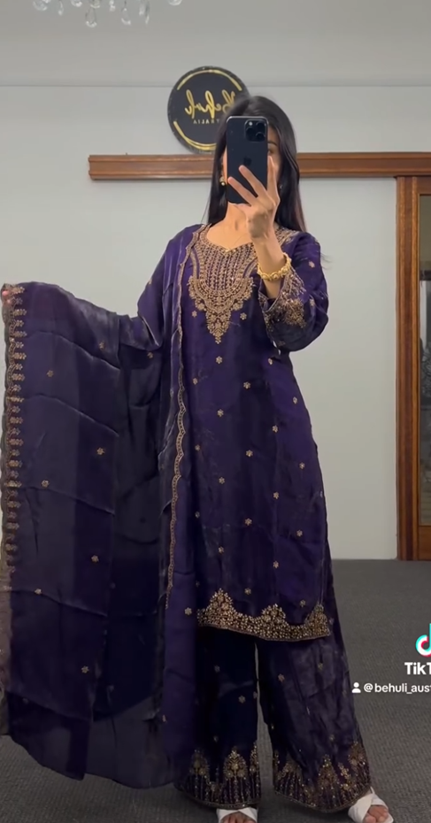 Purple Embroidered Palazzo Suit Set with Gold Zari Detail