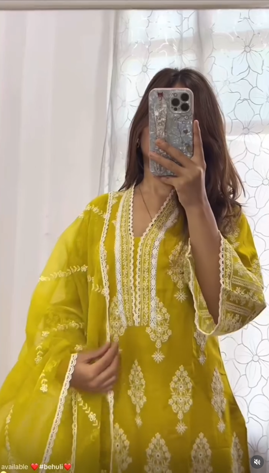 Chartreuse Kurti Set with Embroidered Organza Dupatta