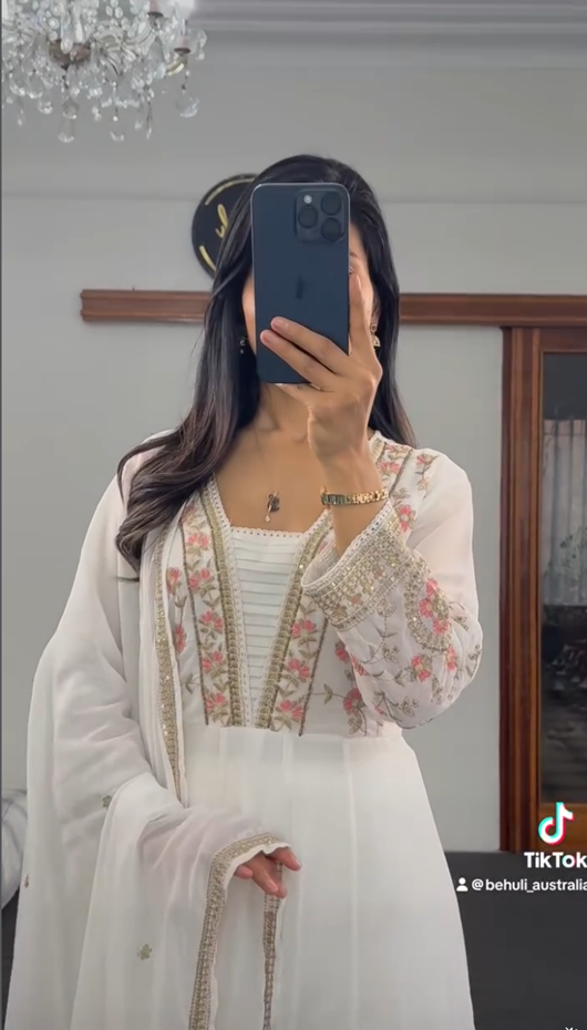 Ivory Embroidered Anarkali Set with Floral Dupatta