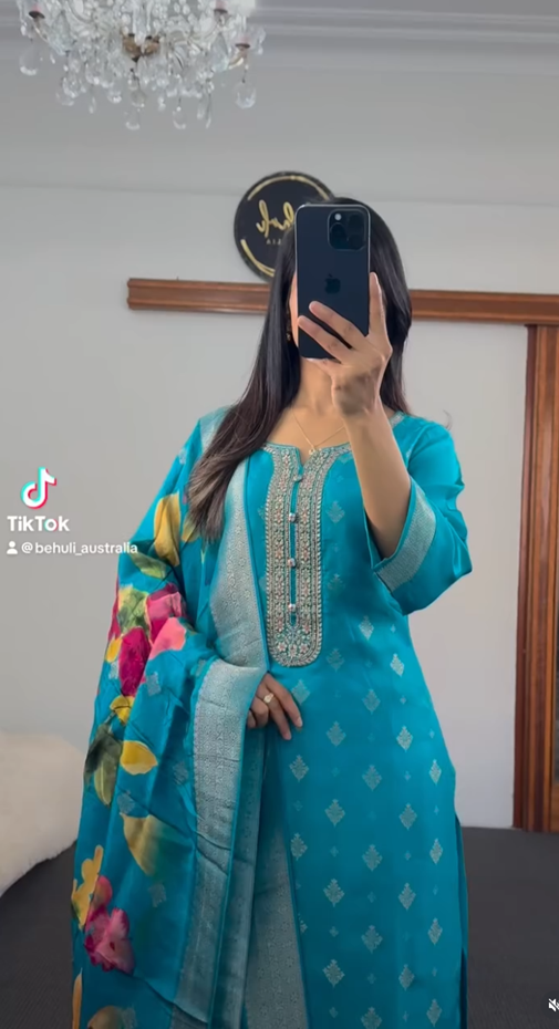 Turquoise Blue Kurti Set with Embroidered Neckline & Floral Dupatta