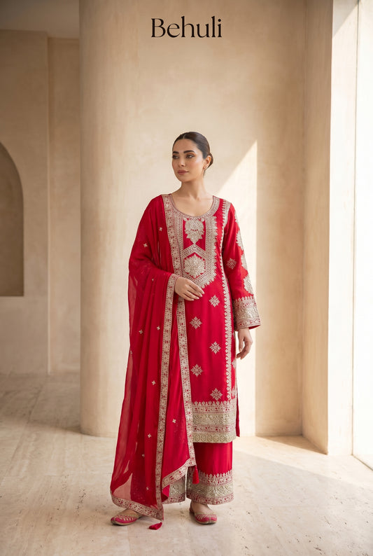 Red Chinon Silk heavy kurthi Set with Gold Zari Embroidery