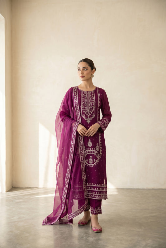 Magenta Embroidered Kurti Set with Intricate Silver Threadwork