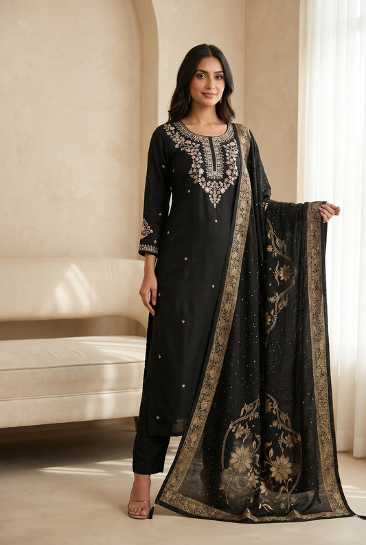 Black Embroidered Kurti Set with Gold Floral Dupatta
