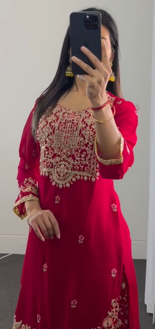 Red Kurti with Divider Pant Set
