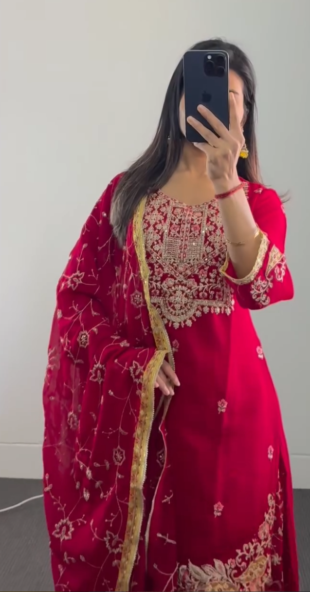 Red Kurti with Divider Pant Set