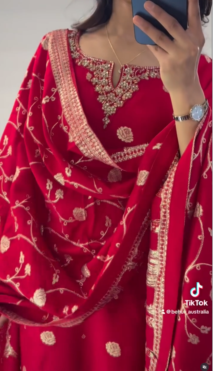 The Ruby Glow – Premium Dola Silk Set