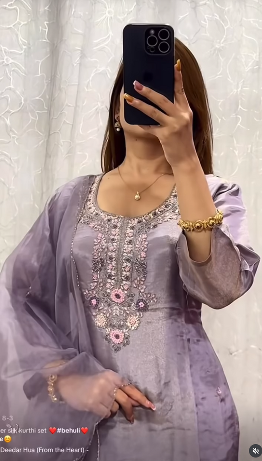 Hand-Embroidered Mauve Shimmer Silk Kurta Set