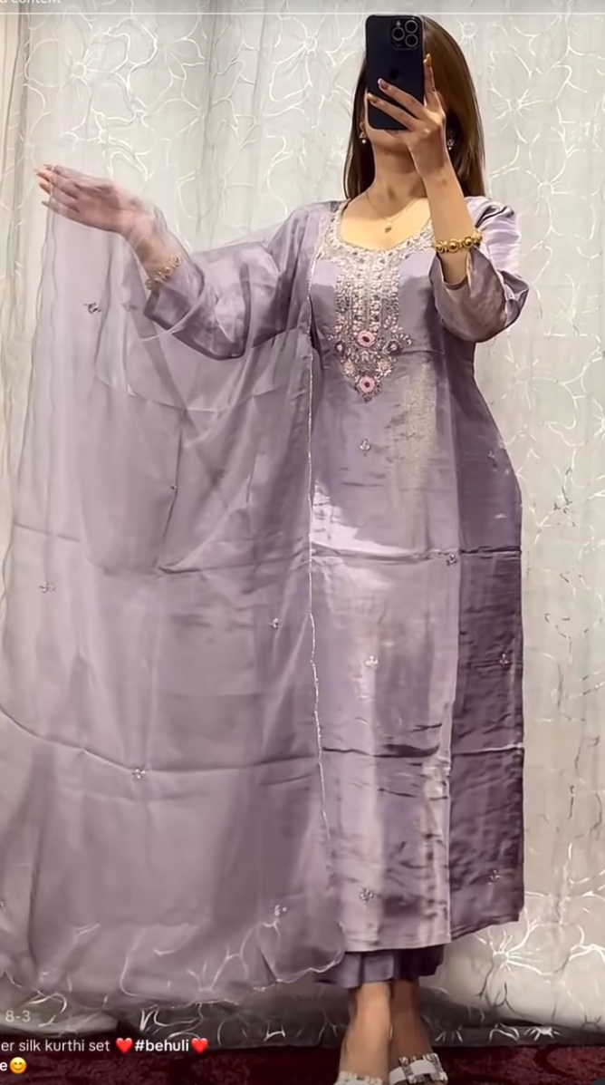 Light Purple Grey Shimmer Kurti Set