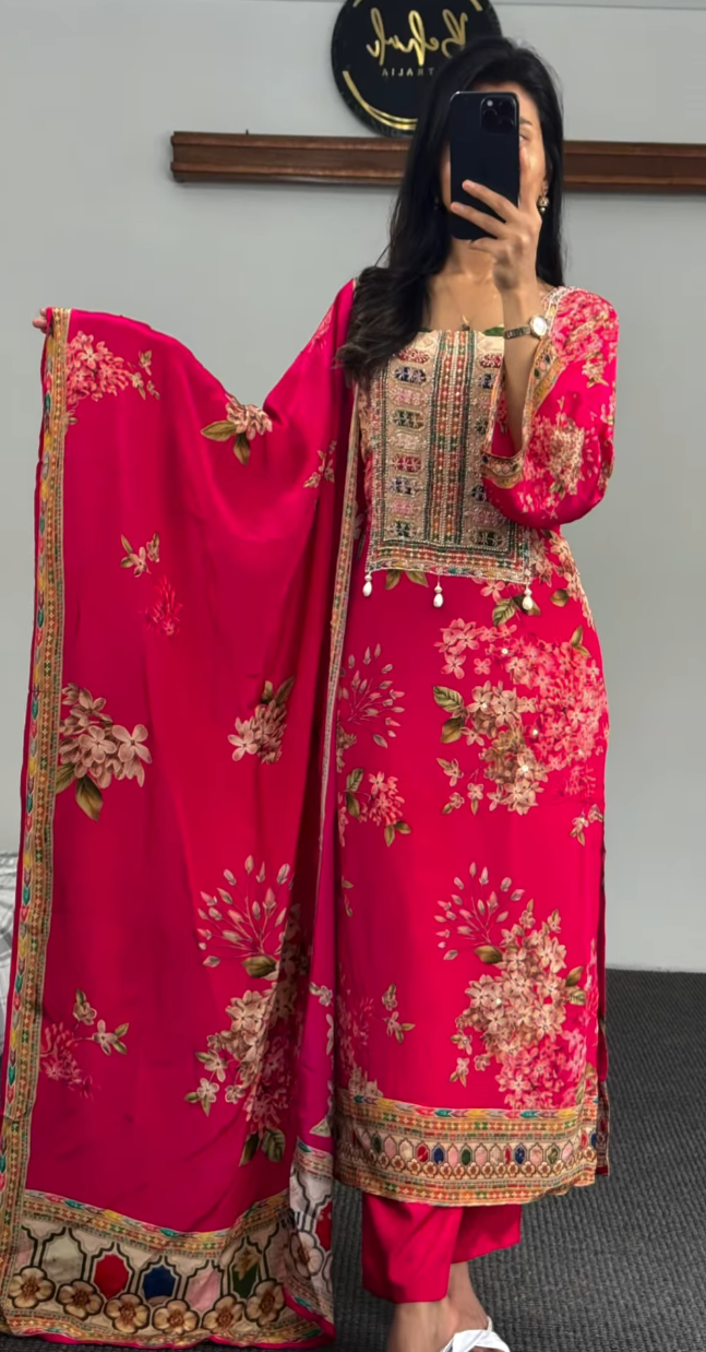 Fuchsia Embroidered Kurti Set with Floral Motifs