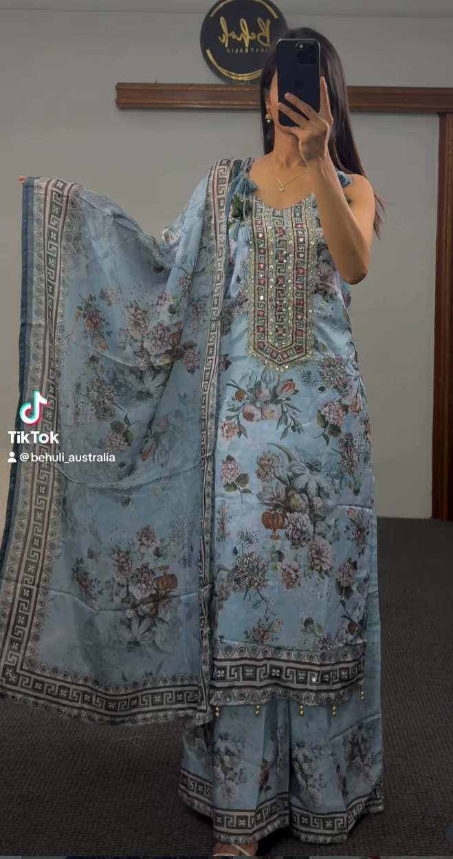Powder Blue Floral Palazzo Suit with Floral Dupatta