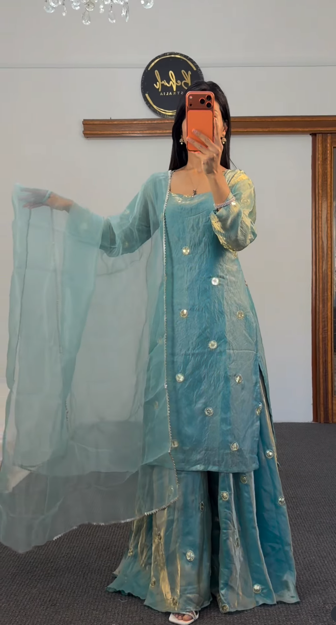 Sky Blue Organza Palazzo Suit Set with Gota Embroidery