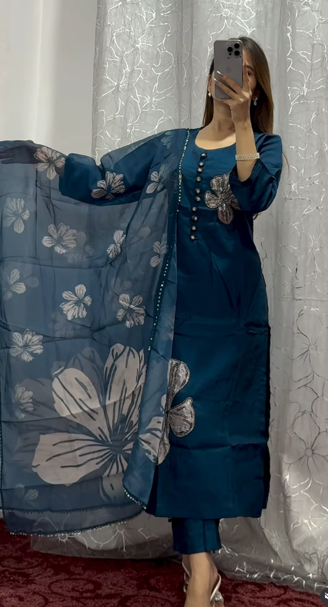 Teal Floral Embroidered Organza Kurti Set with Dupatta