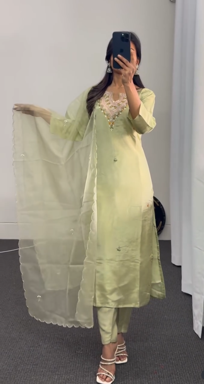 Mint Green Chanderi Kurta Set with Gota Patti Embroidery