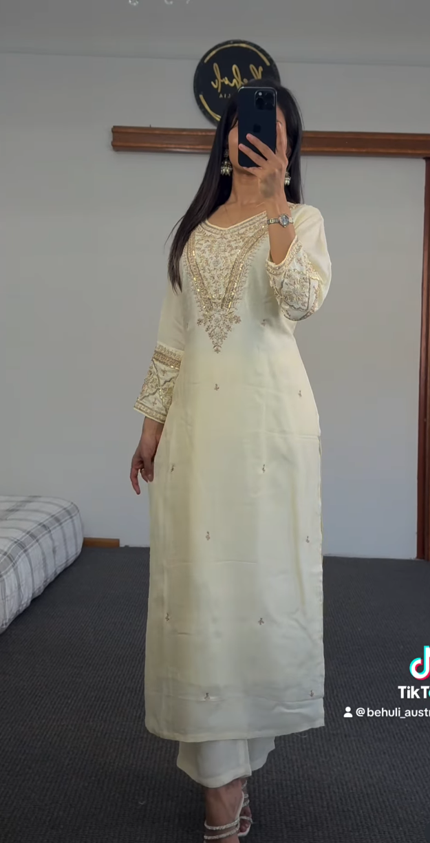Ivory Embroidered Silk Kurta Set with Gold Brocade Dupatta