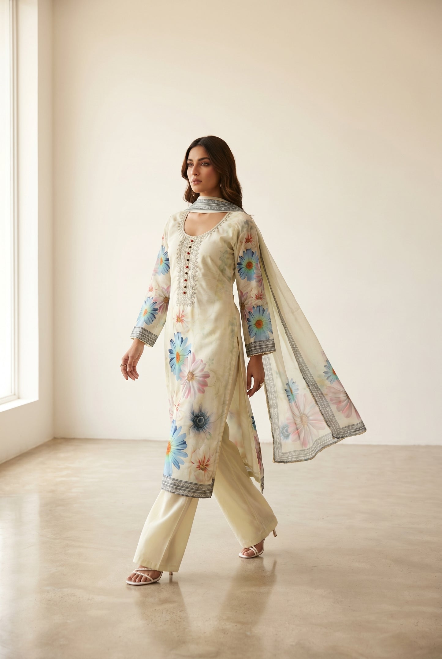 Ivory Floral Printed Kurti Set with Embroidered Neckline