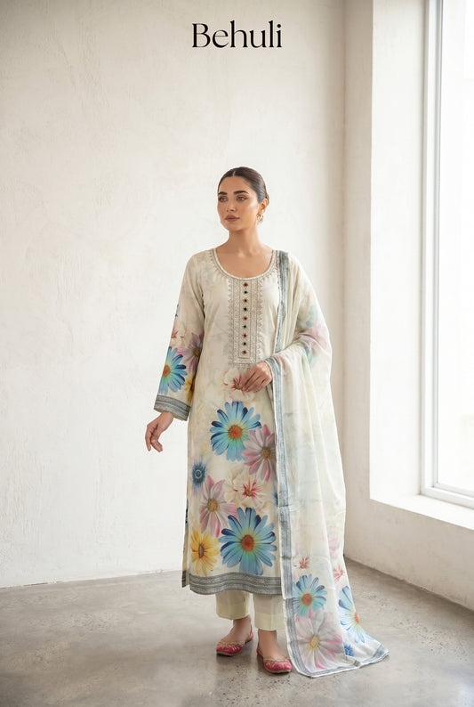 Ivory Floral Printed Kurti Set with Embroidered Neckline