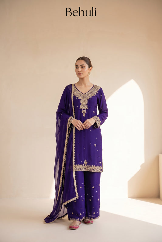 Purple Georgette Kurti Set with Gold Embroidery