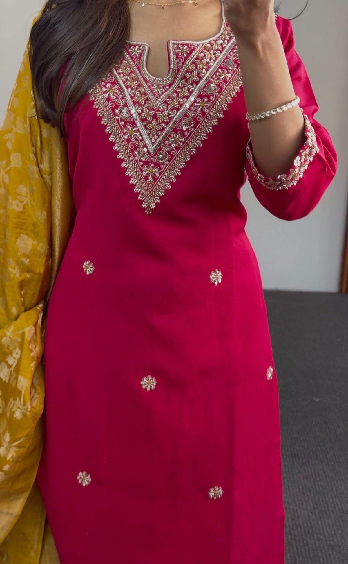 Fuchsia kurti set with silver zari embroidery, kundan accents and mustard woven dupatta — Behuli Australia — view 4