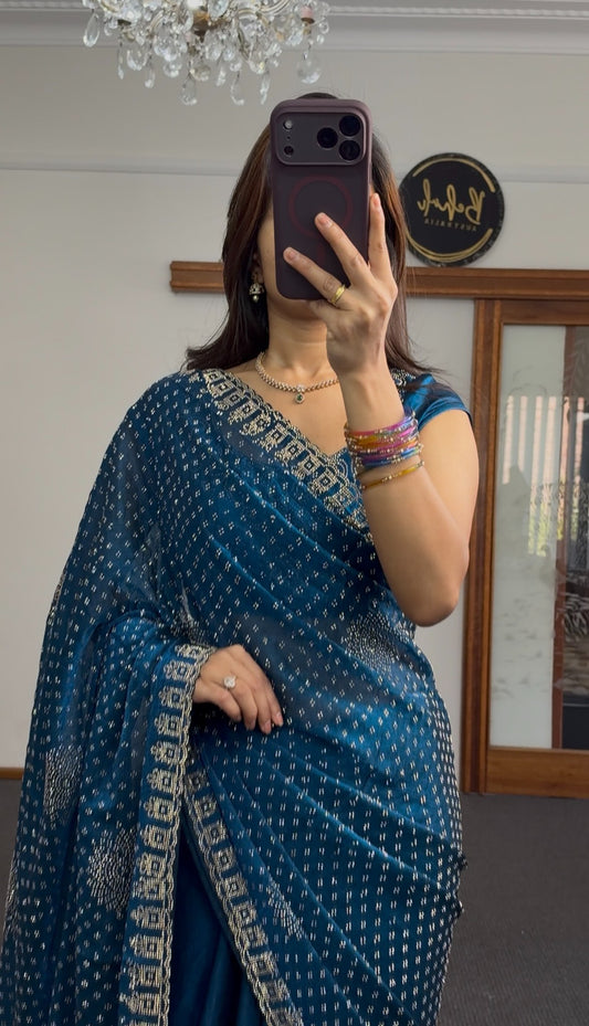 Teal bandhani print saree with sequin embroidery and embellished border draped elegantly — Behuli Australia — view 2