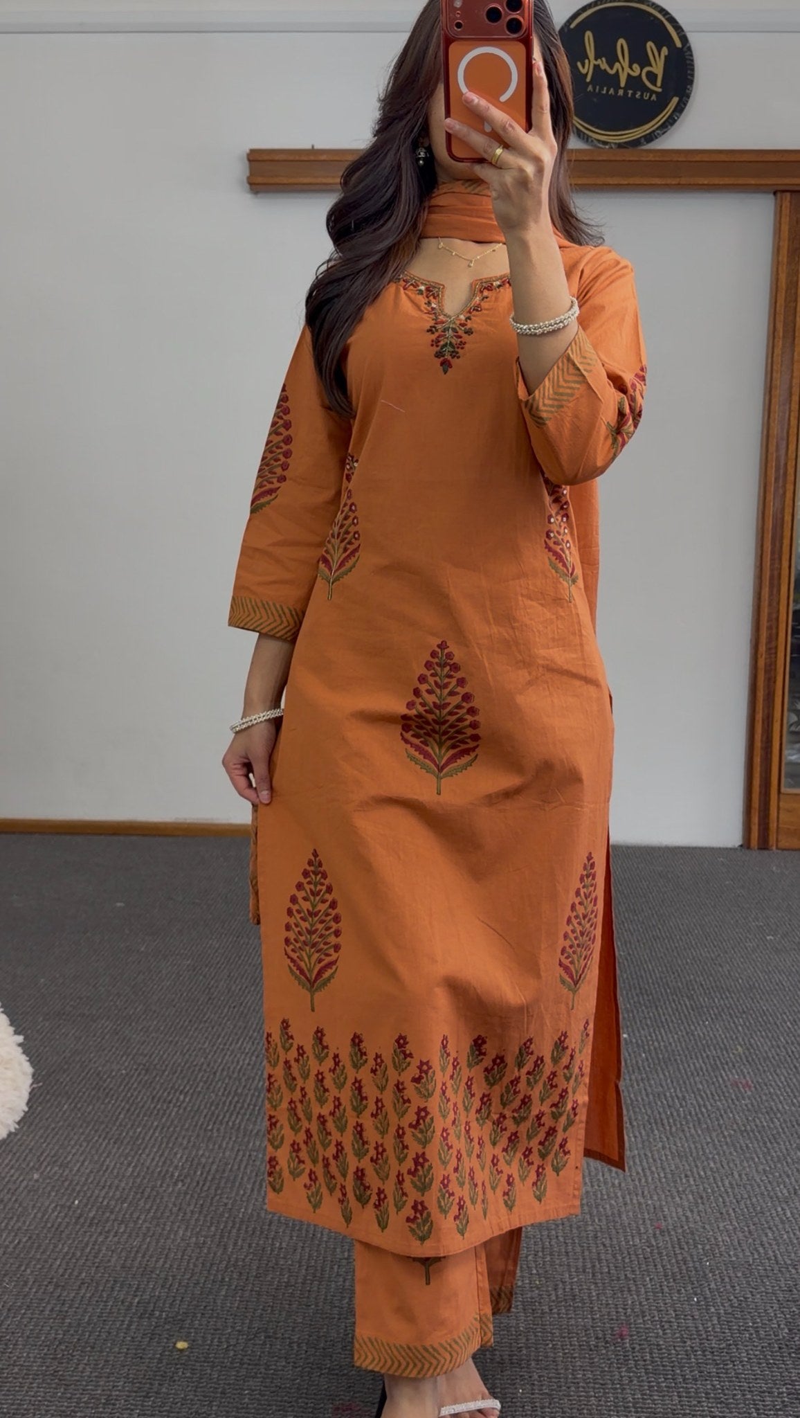 Rust orange kurti set with floral block print design, matching printed dupatta and straight-leg trousers — Behuli Australia — view 4