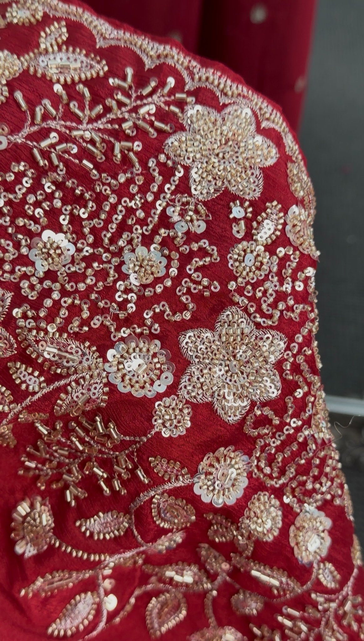 Red embroidered kurti set with floral sequin detailing, sharara pants, and matching sheer dupatta — Behuli Australia — view 4