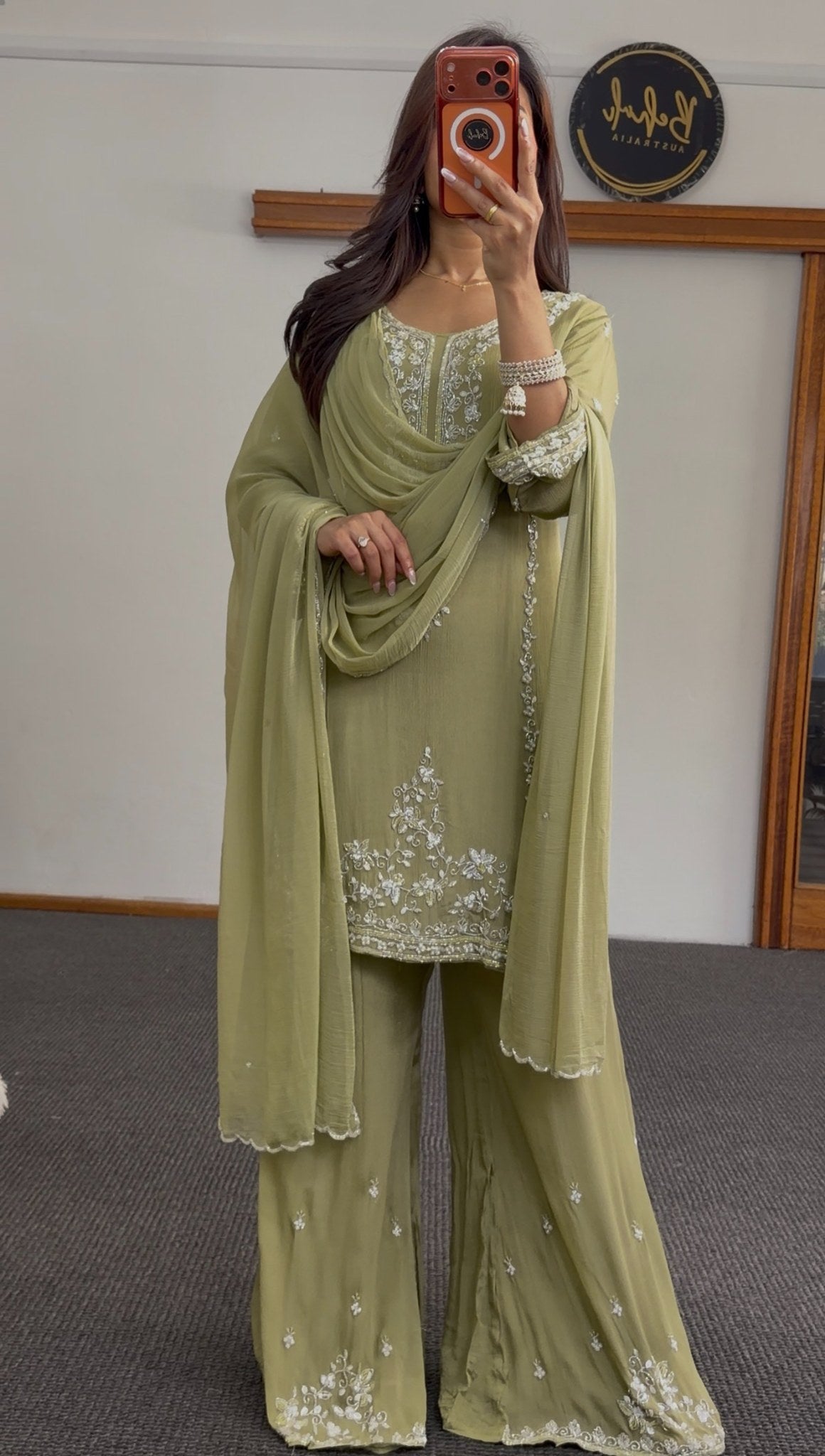 Sage green palazzo suit set with white floral vine embroidery on kurti and matching wide-leg palazzo pants — Behuli Australia — view 7