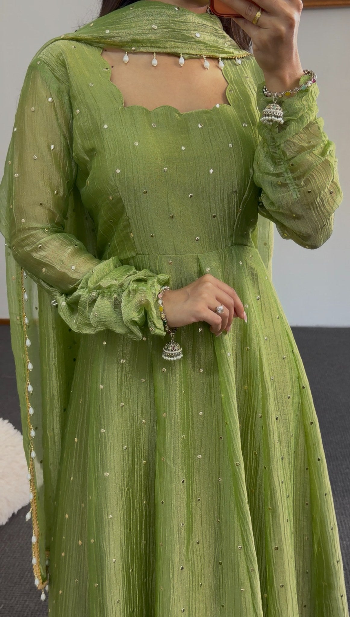 Olive green Anarkali dress with scattered sequin embellishment and matching sheer dupatta with pearl tassels — view 4