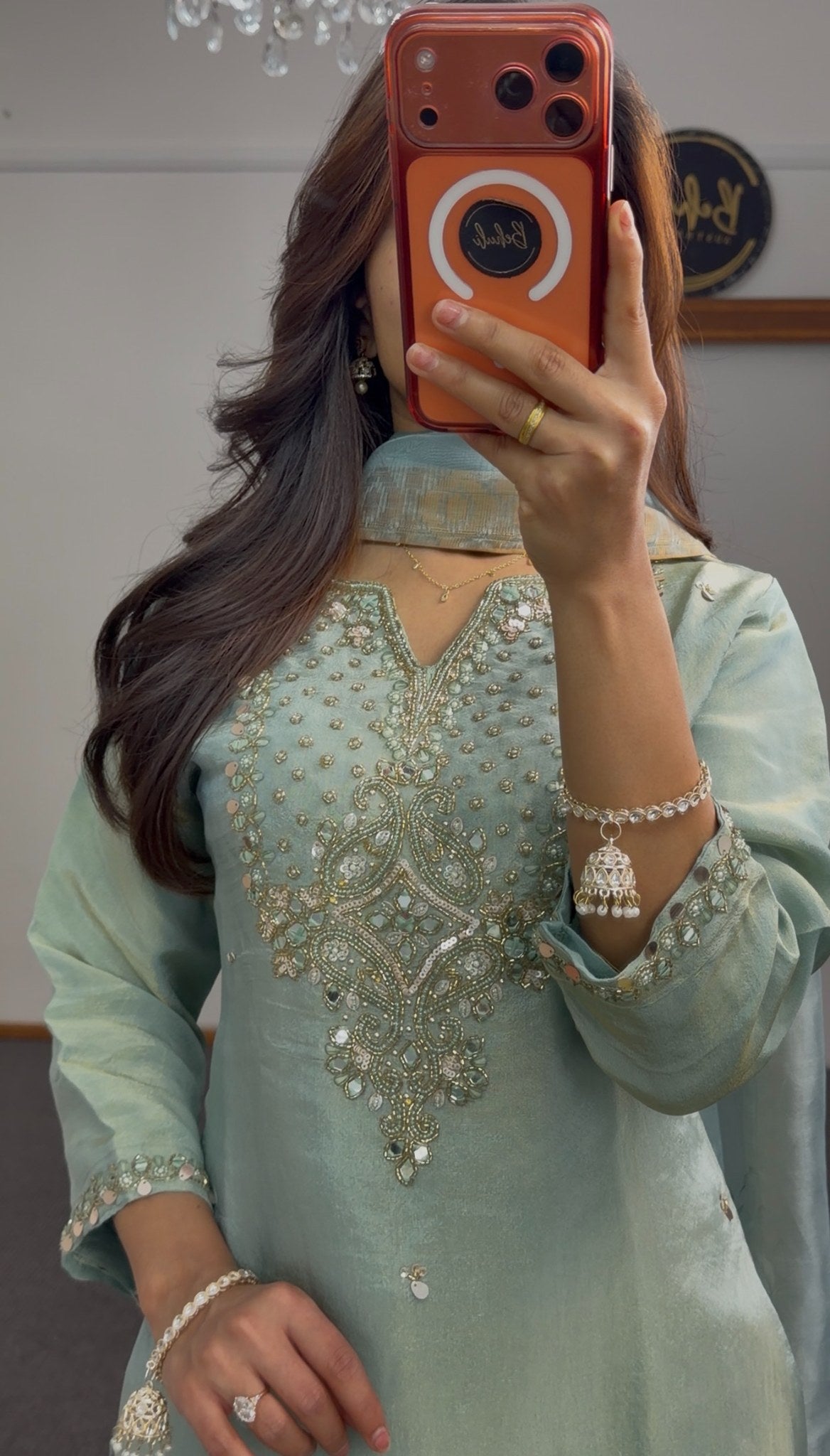Sage green kurti set with embellished neckline, gold-bordered floral dupatta and matching palazzo pants — view 6