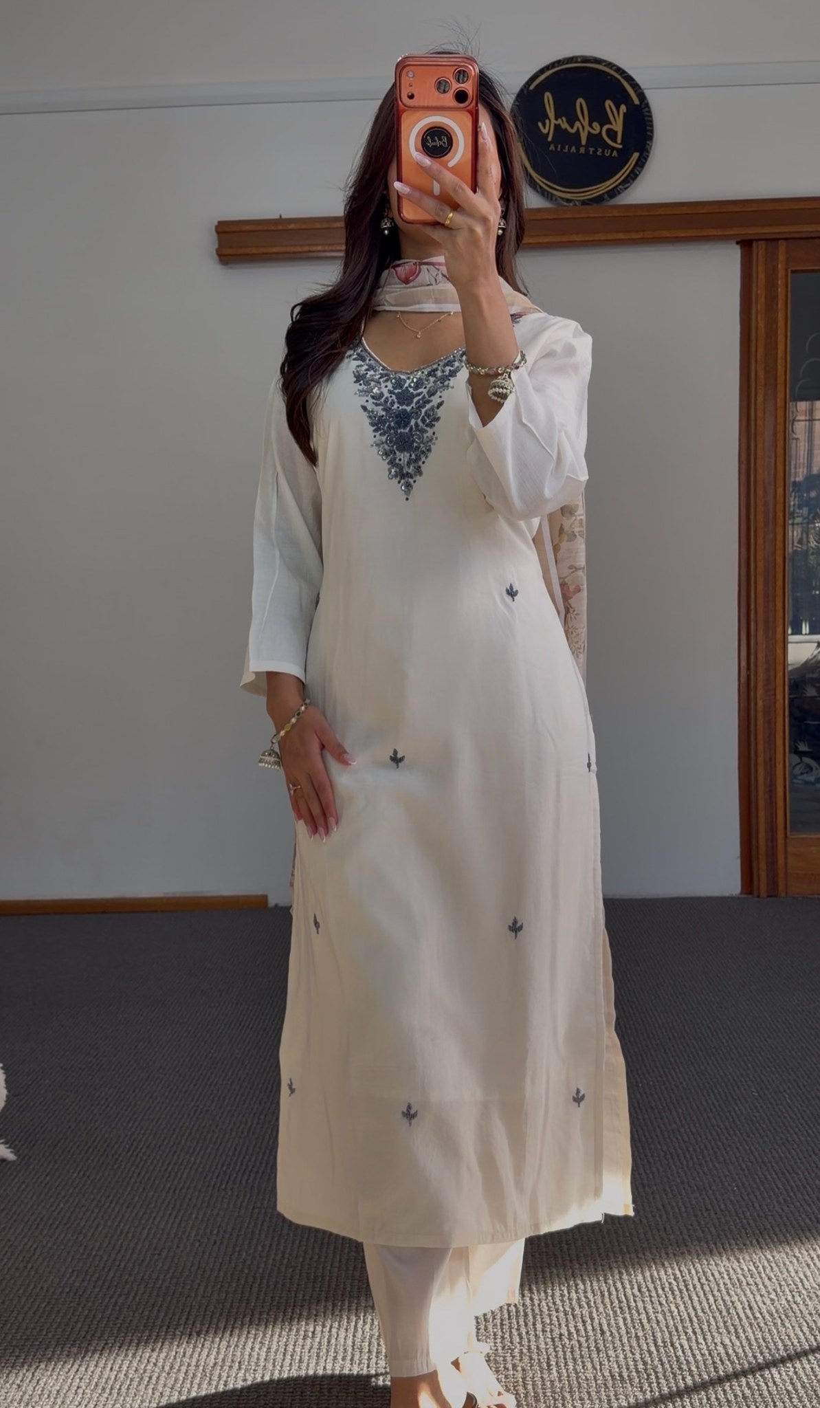 Ivory kurti set with blue floral neckline embroidery, scattered leaf motifs and red floral printed dupatta — Behuli Australia — view 3