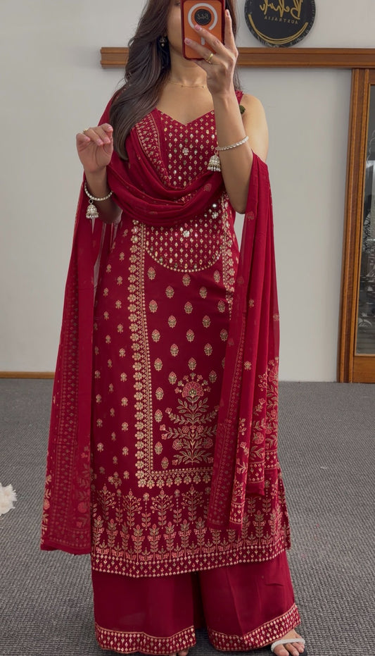 Maroon palazzo suit set with gold foil floral print, mirror embellished yoke, and matching dupatta — Behuli Australia — view 2