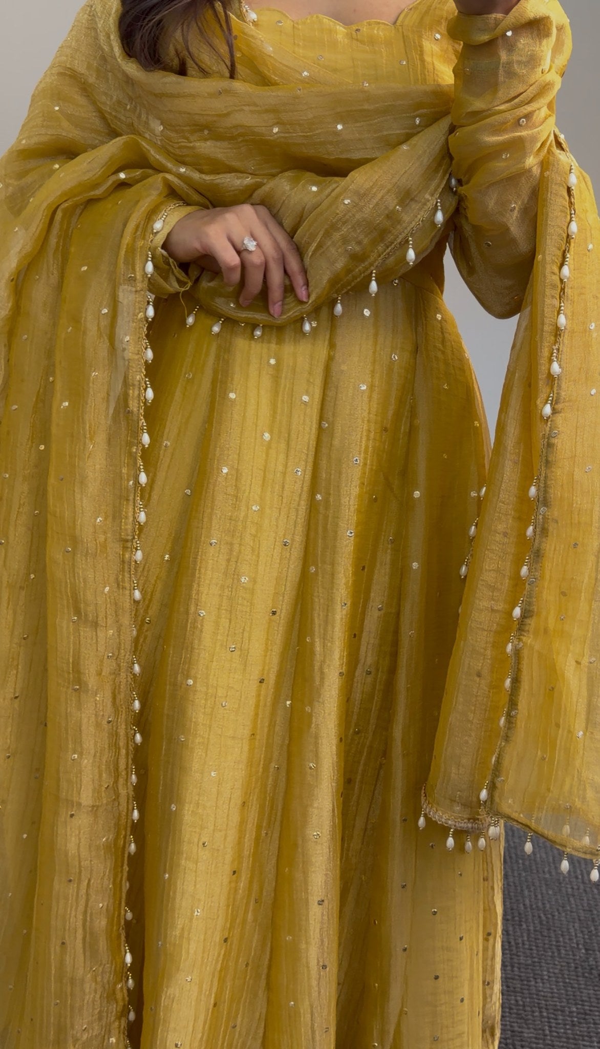 Mustard yellow Anarkali dress with silver sequin embellishment and matching pearl-trimmed dupatta by Behuli Australia — view 6