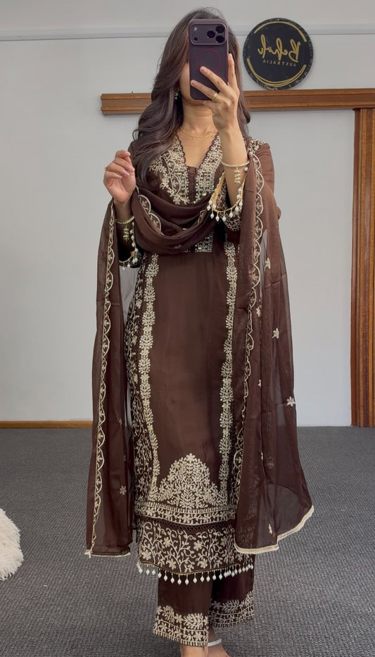 Brown kurti set with ivory floral embroidery, scalloped borders and matching sheer dupatta — Behuli Australia — view 2