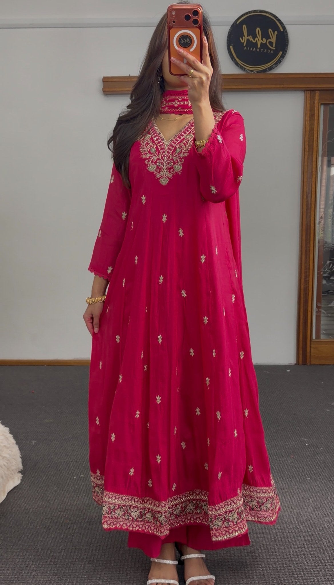 Fuchsia Anarkali kurti set with gold floral embroidery and matching embellished dupatta — Behuli Australia — view 4
